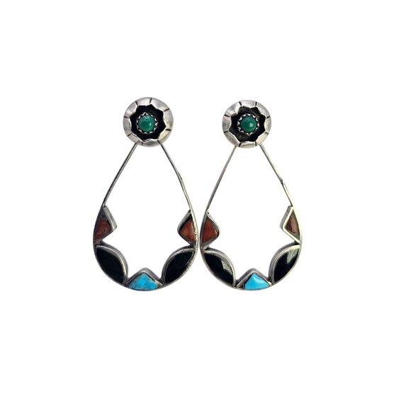 Zuni-Style Sterling Silver Multi-Stone Inlay Convertible Teardrop Earrings - Picture 10 of 16